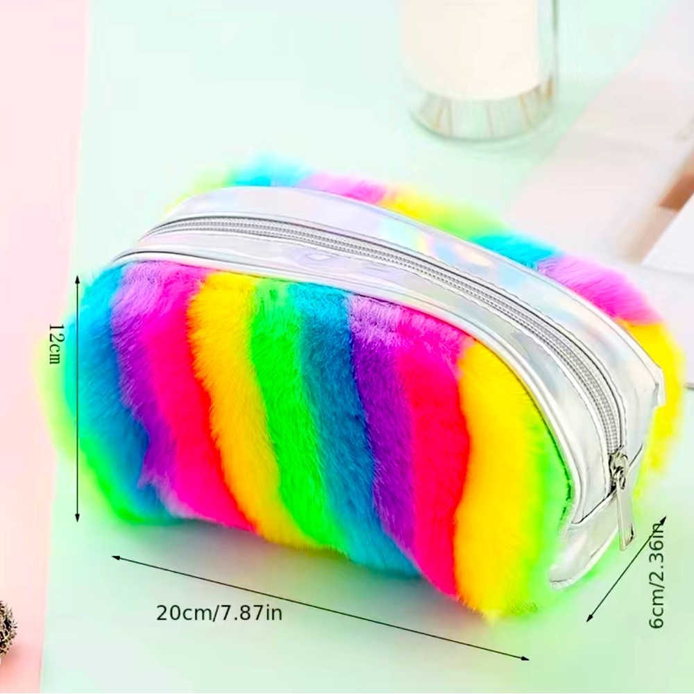 Cosmetic Bag Rainbow Iridescent Plush Pencil Case Zippered - Picture 4 of 6